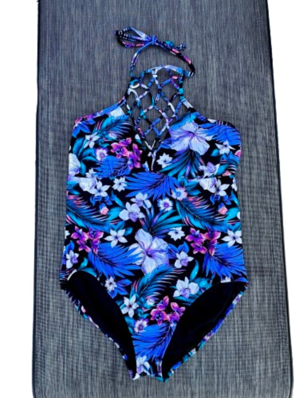 Tahiti One Piece Halter Swimsuit Large Multicolor Floral Lattice Detail
